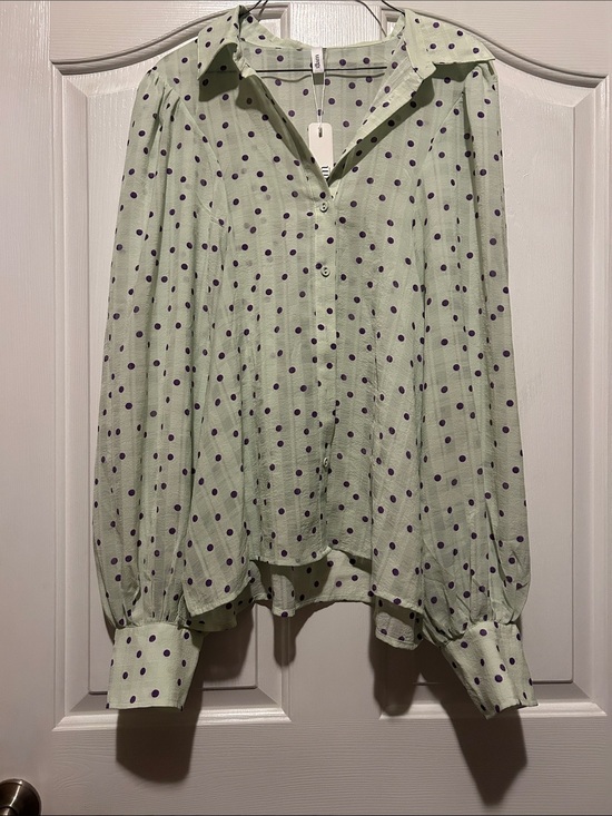 glam Tops - Glam Light Green Polka Dot Button-Up Blouse with Purple Dots